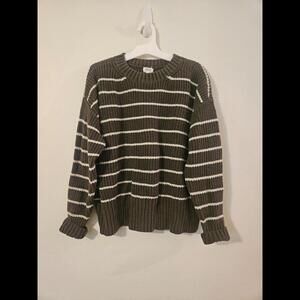 A.N.A Gray and White Striped Long Sleeve Pullover Striped Knitted Sweater Large